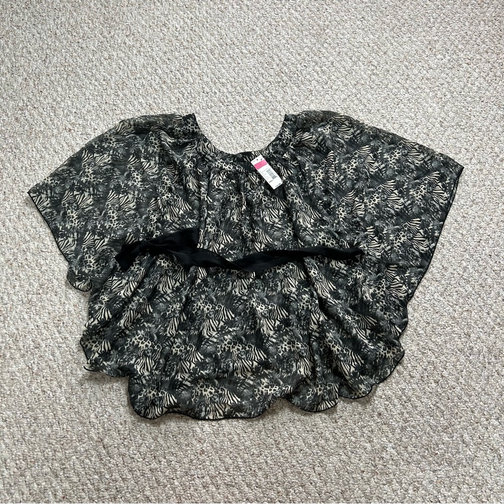 Lilly Lou Animal Print Belted Blouse Womens Small Pullover Relaxed Flowy Sheer
